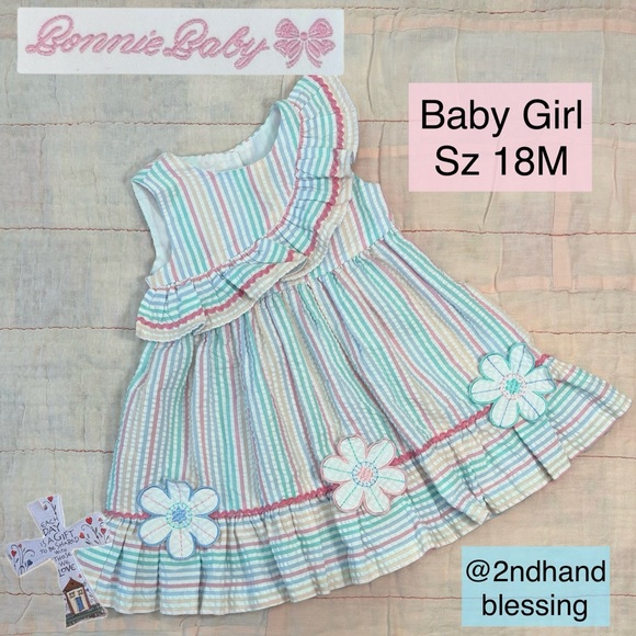Bonnie Baby Other - Bonnie Baby Seersucker Dress, Rainbow Striped, Sz 18 months, Flower Appliqués
